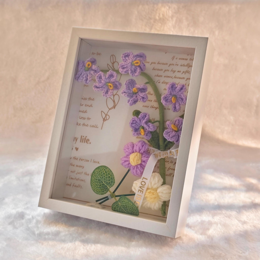 Handmade Crochet Forget Me Not Shadow Box Framed Floral Fiber Art Decoration
