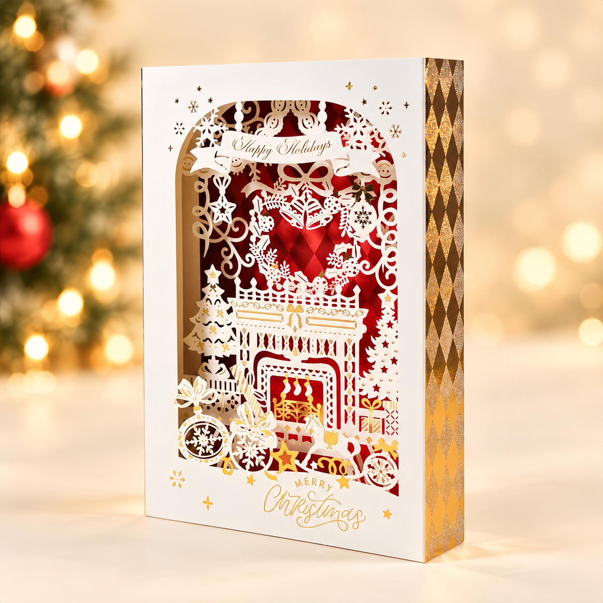 3D Dimensional Layered Paper Art Christmas Card with Fireplace Scene and Removable Message Insert