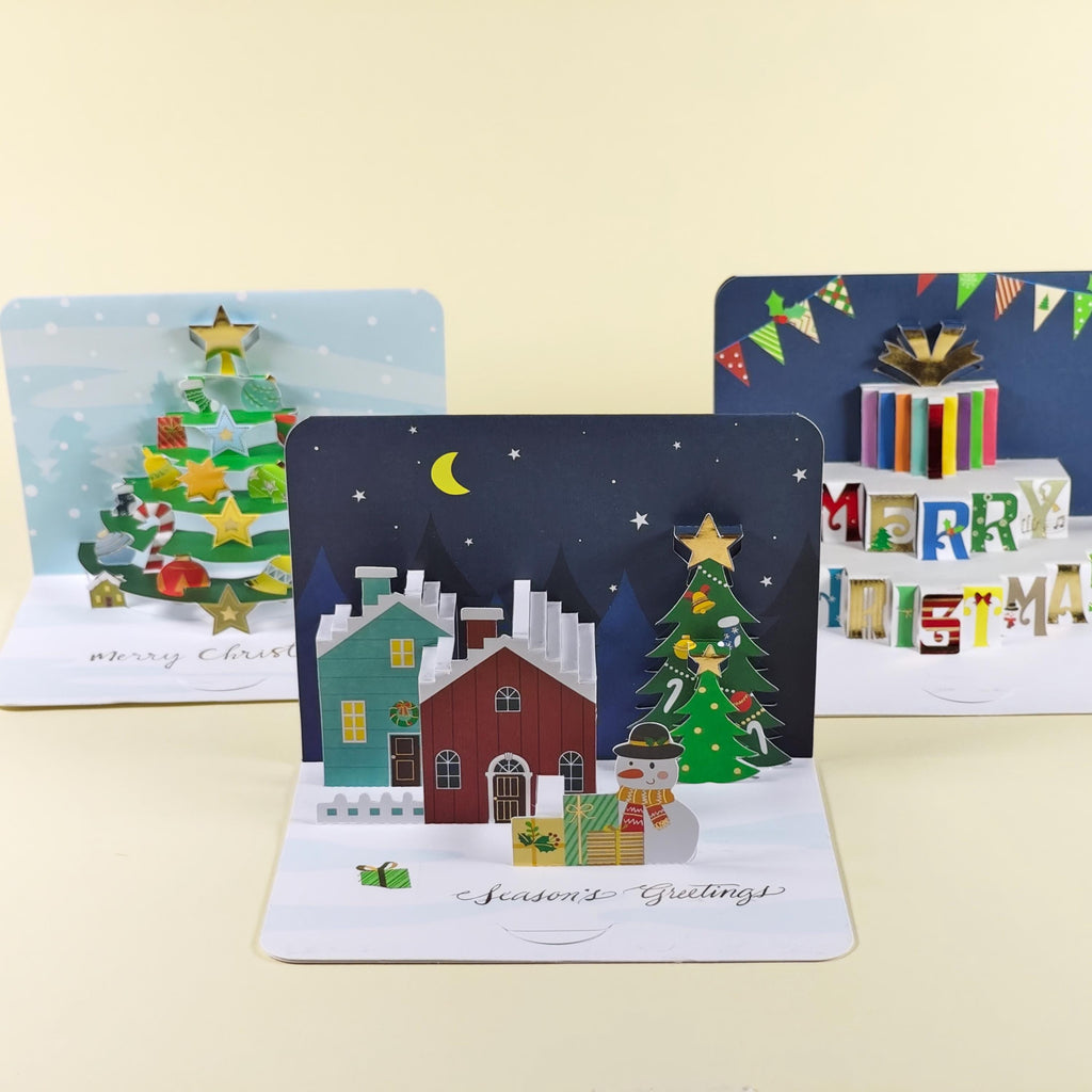 3D Pop Up Christmas Cards Set of 3, Festive Tree, Snowy Village and Presents