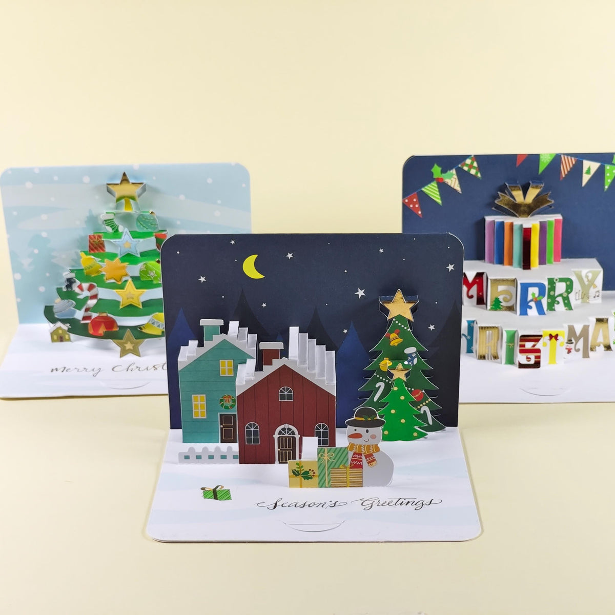 3D Pop Up Christmas Cards Set of 3, Festive Tree, Snowy Village and Presents
