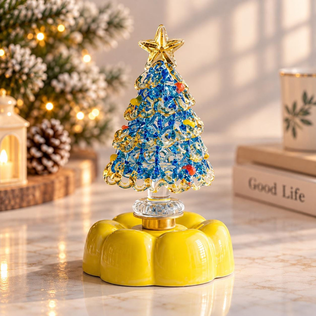 Handmade Rotating Glass Christmas Tree Gift for Holiday Desktop Tabletop Ornament