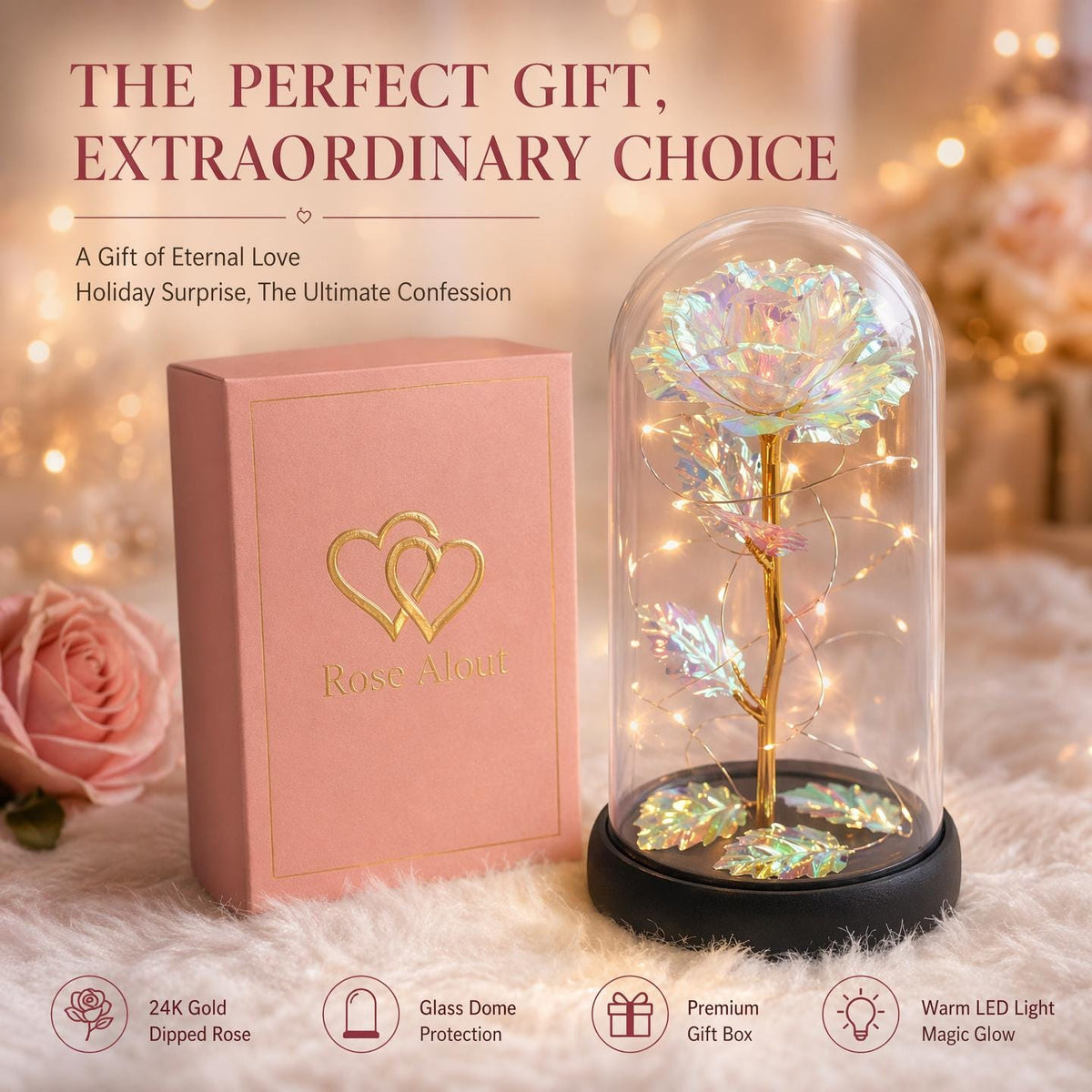 Acrylic Dome, LED Fairy Lights, Gold Metal Stem, Plastic Base, Battery Box