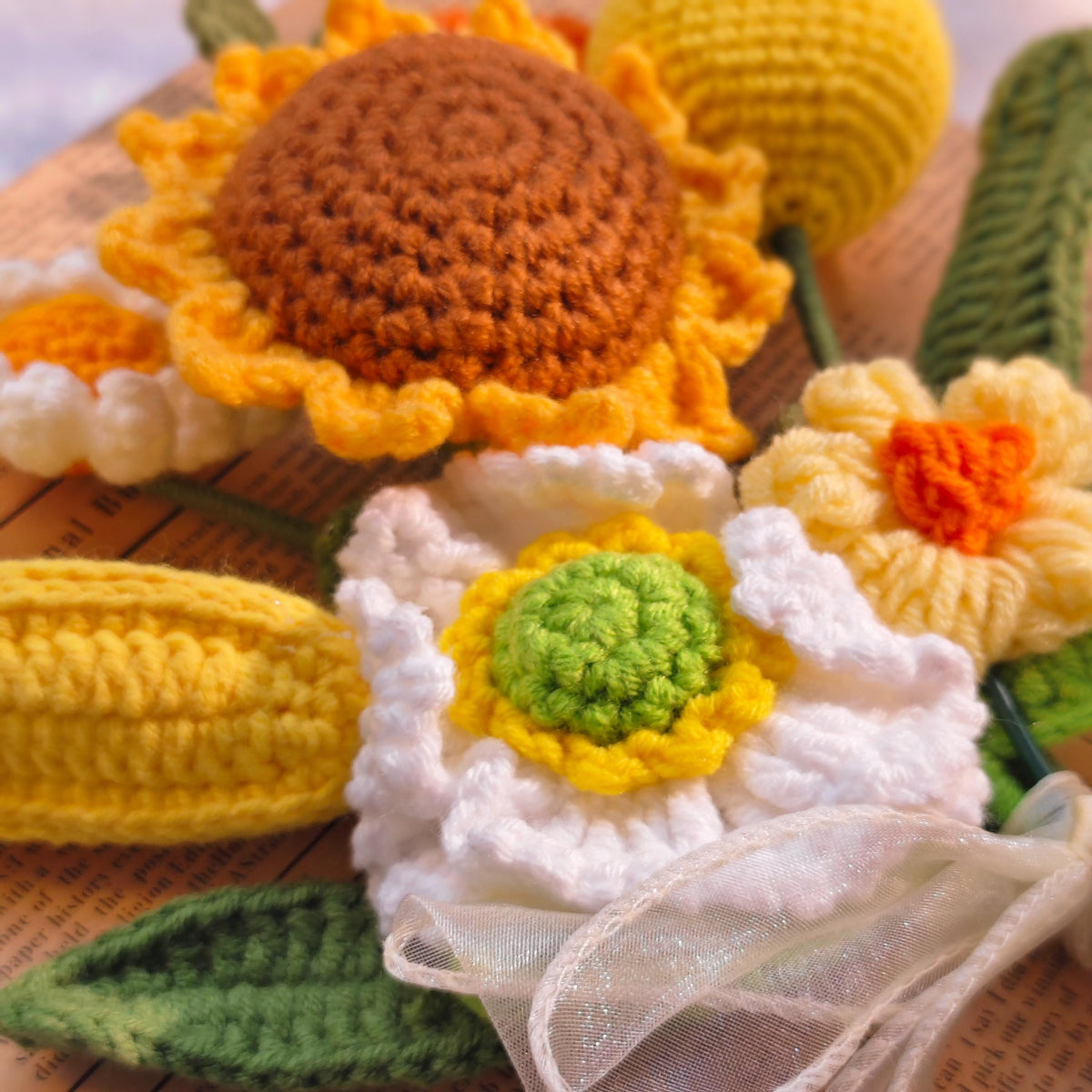 Handmade Crochet Sunflower Shadow Box Frame Rustic Botanical Wall Decor