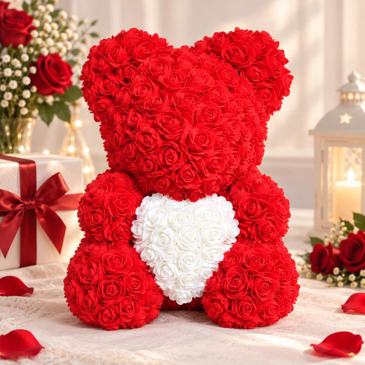 Hand-Crafted PE Foam Rose Dog / Bear Figurine, Artificial Flower Ornament (Gift Box)
