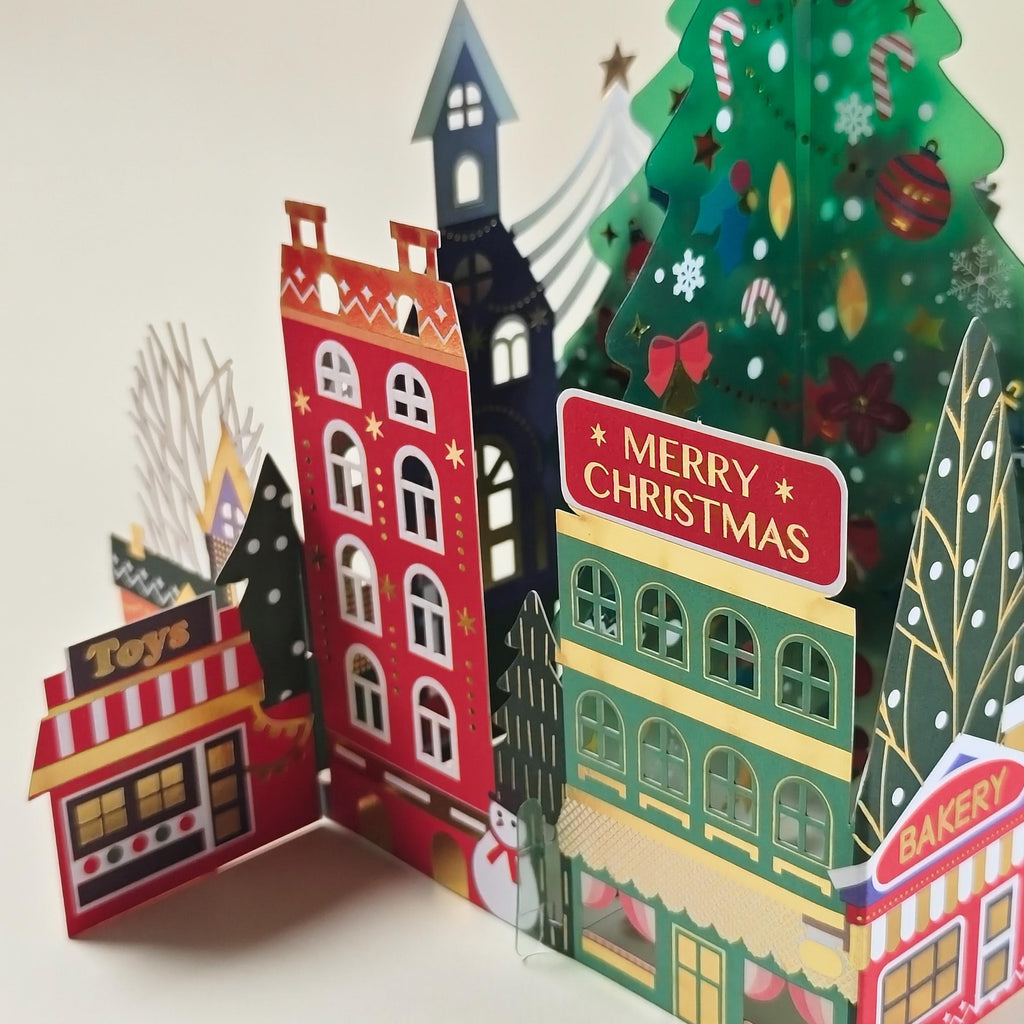 3D Christmas Village Pop Up Card with Festive Tree and Colourful Paper Houses