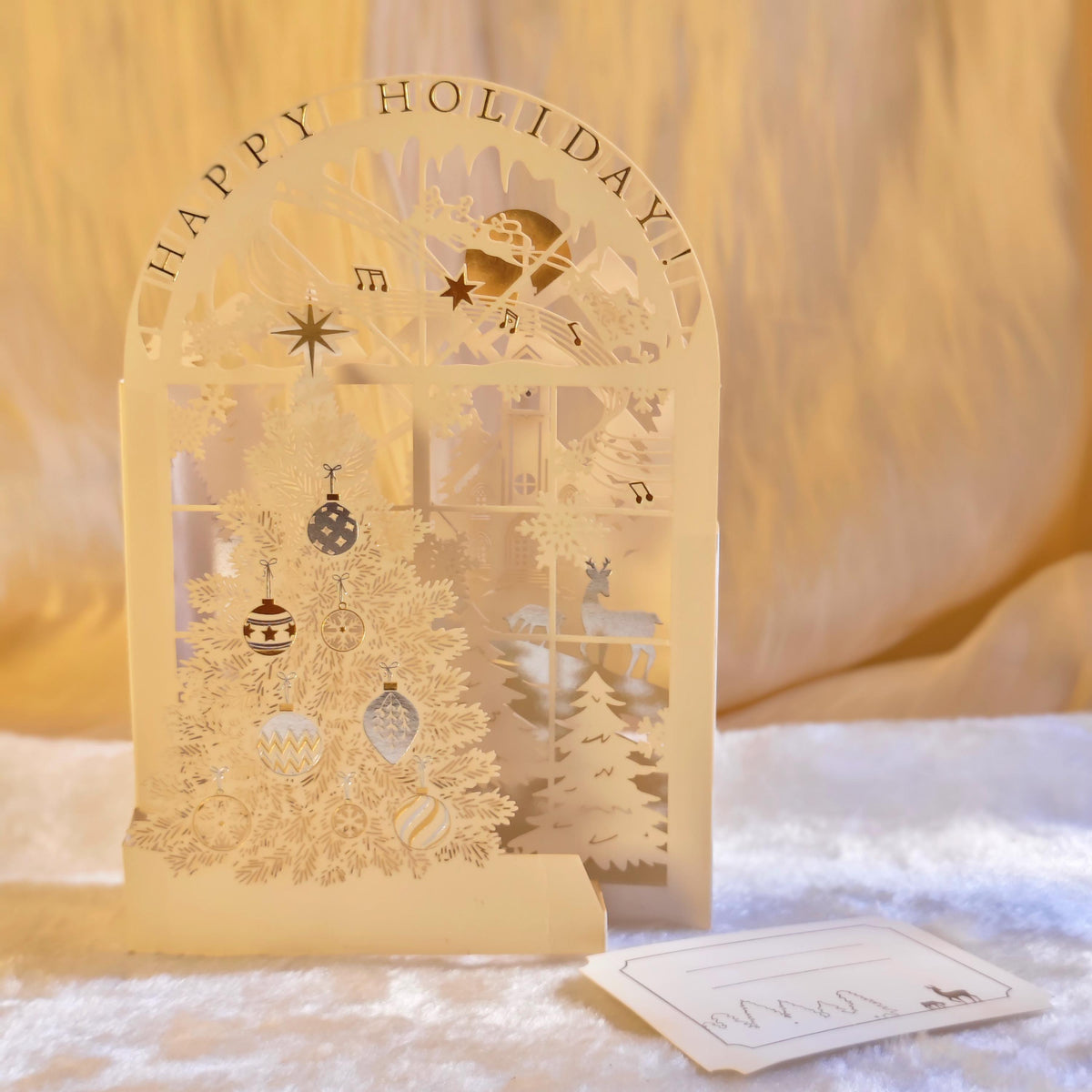 3D Christmas Pop Up Card, White Paper Cut Tree, Holiday Greeting (130mm x 190mm)