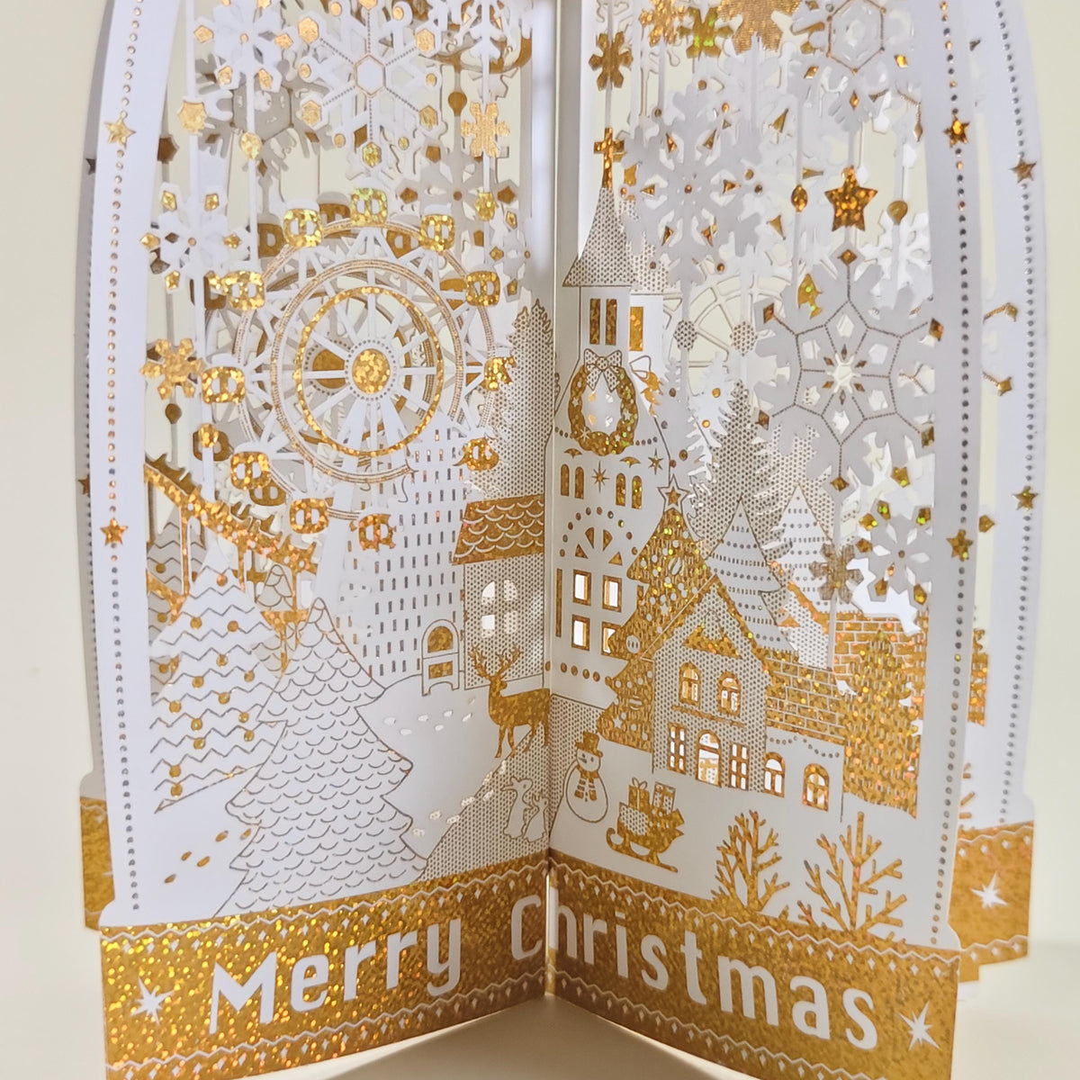 3D Christmas Village Pop Up Card, Gold Foil Snowflake Winter Wonderland Keepsake