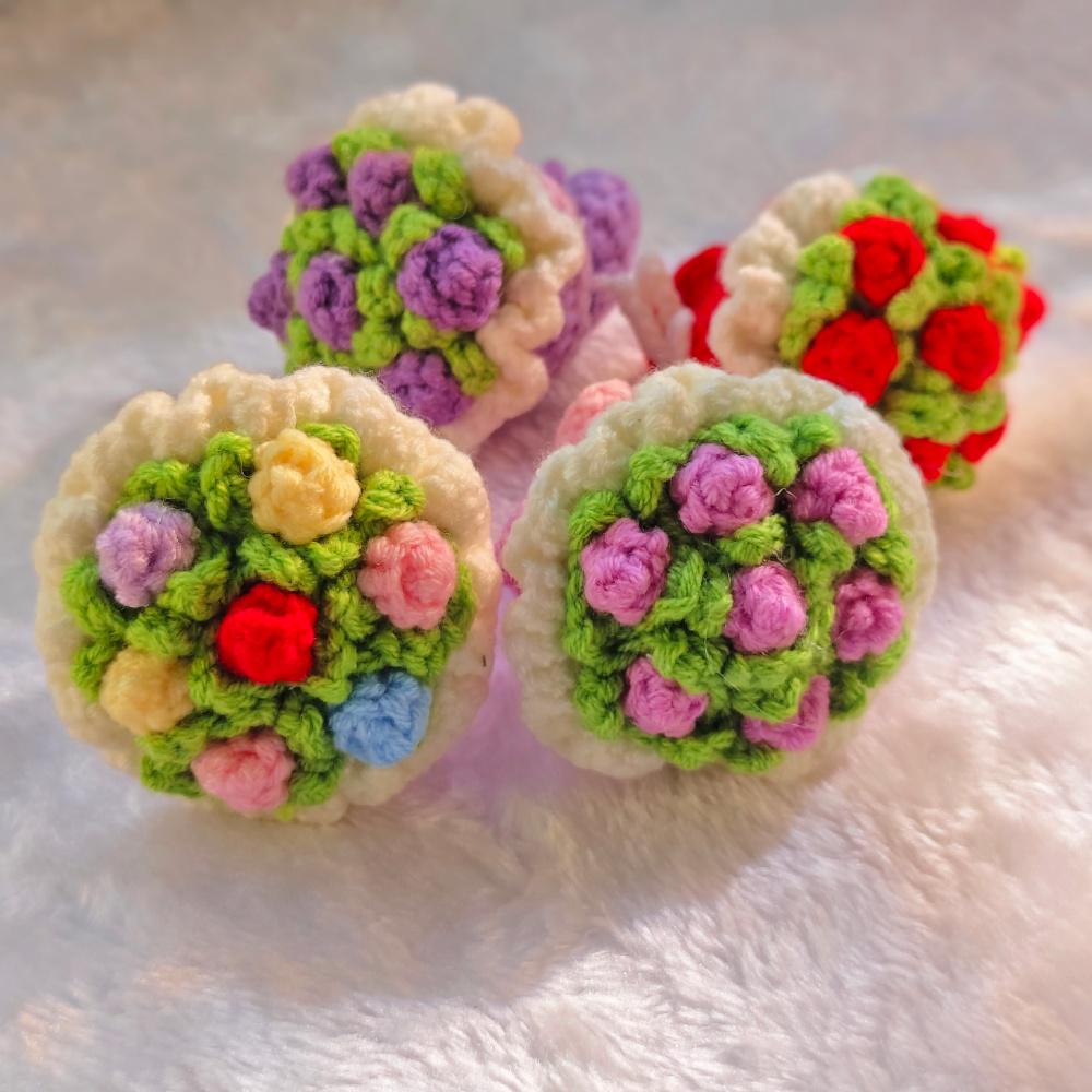 Hand Crocheted Mini Rose Bouquet Handmade Yarn Flower Tabletop Home Ornament Decor