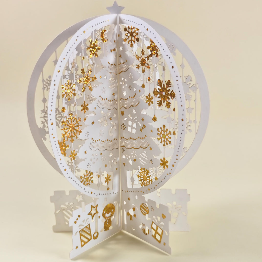 White Gold Snowflake Christmas Pop Up Card, 3D Paper Tree, Festive Keepsake Decoration
