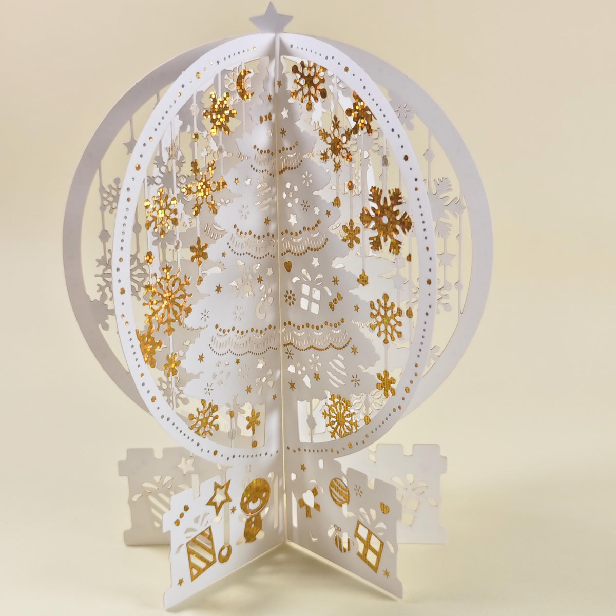 White Gold Snowflake Christmas Pop Up Card, 3D Paper Tree, Festive Keepsake Decoration