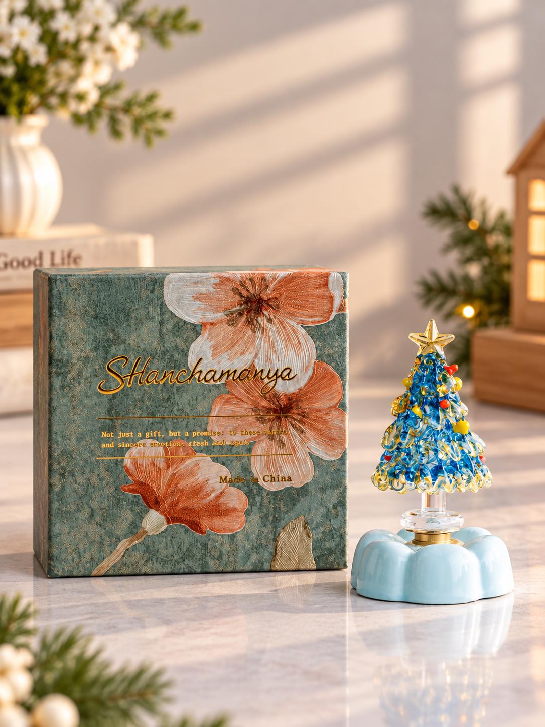 Handmade Rotating Glass Christmas Tree Gift for Holiday Desktop Tabletop Ornament