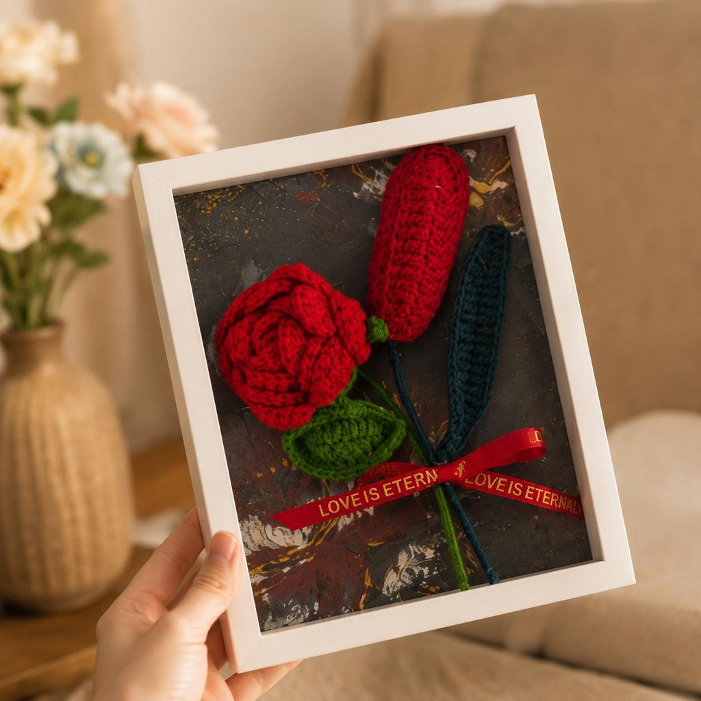 Handmade Crochet Rose Shadow Box Frame Romantic Floral Home Decor