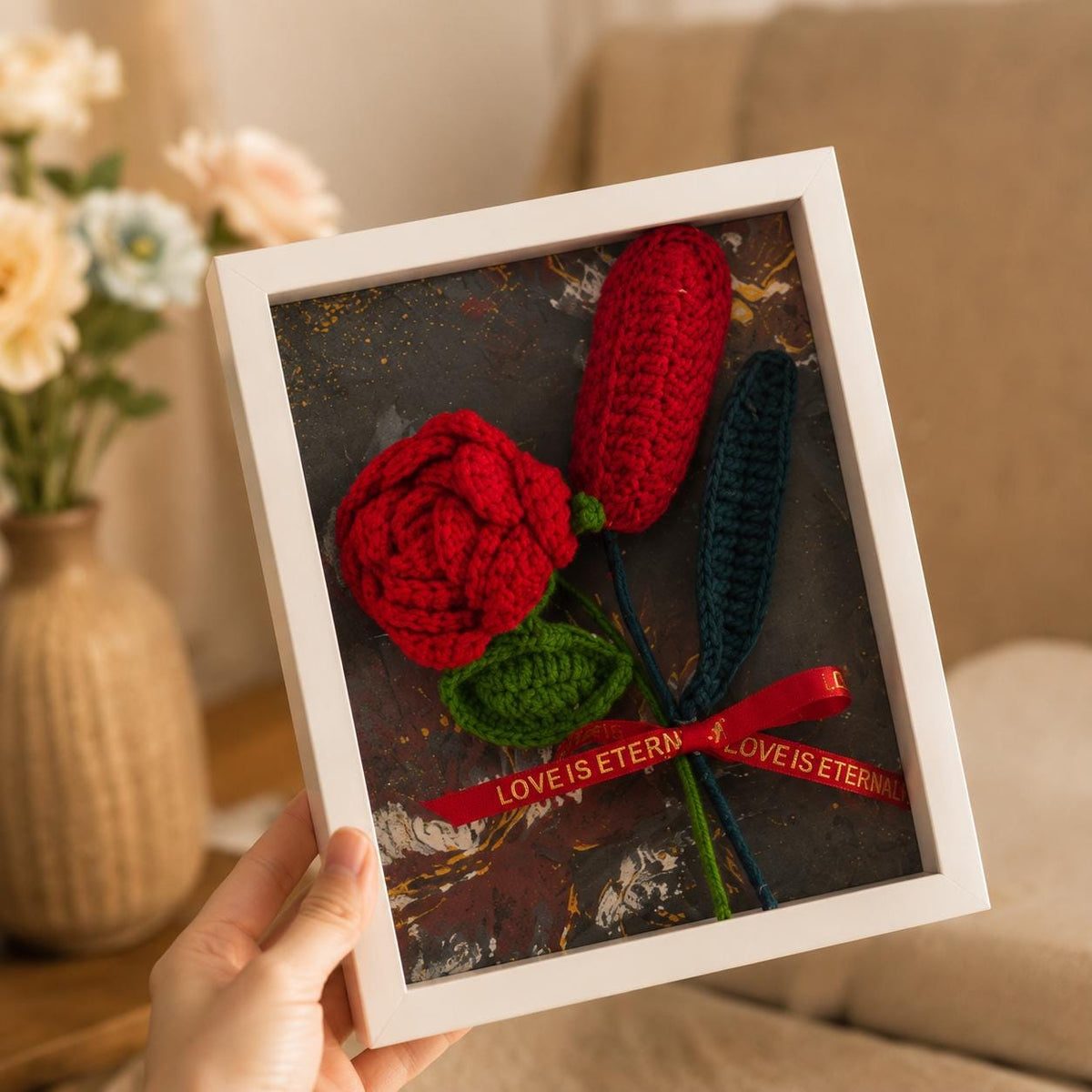Handmade Crochet Rose Shadow Box Frame Romantic Floral Home Decor