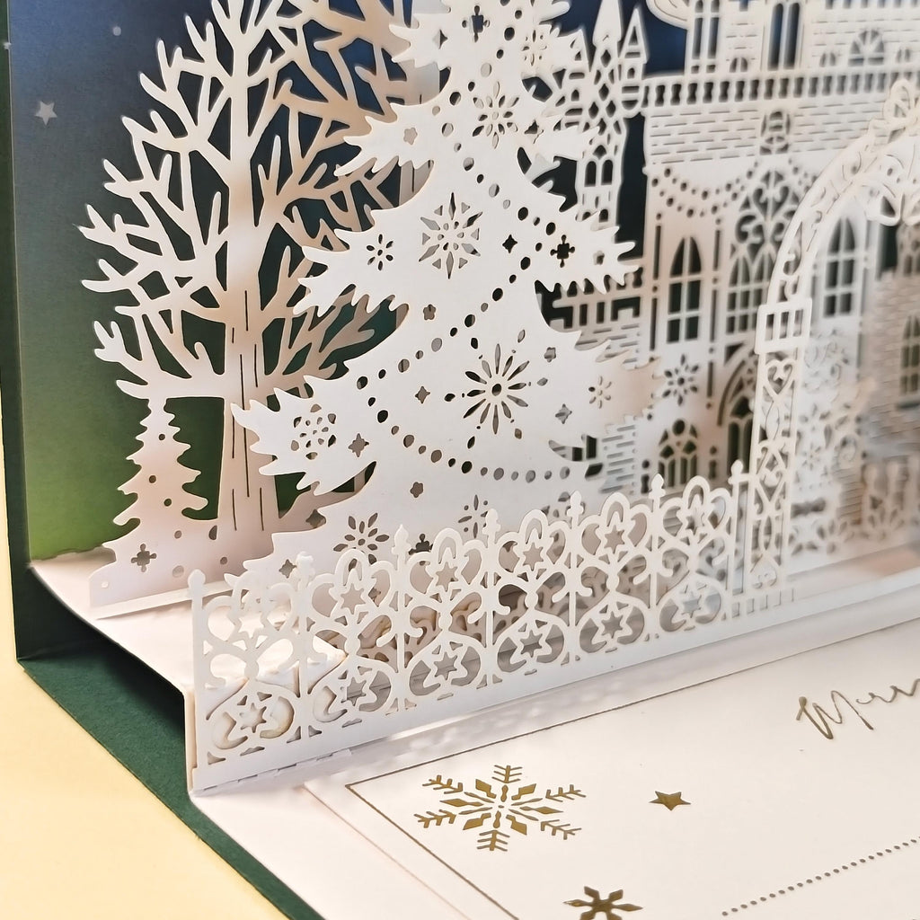 3D Pop Up Christmas Card, Enchanted Winter Castle with Santa Sleigh, Removable Message Insert