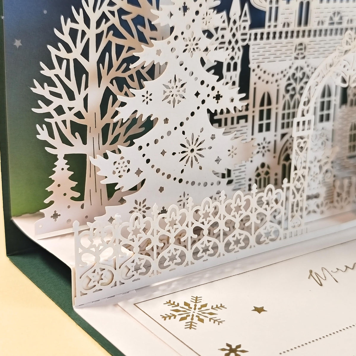 3D Pop Up Christmas Card, Enchanted Winter Castle with Santa Sleigh, Removable Message Insert