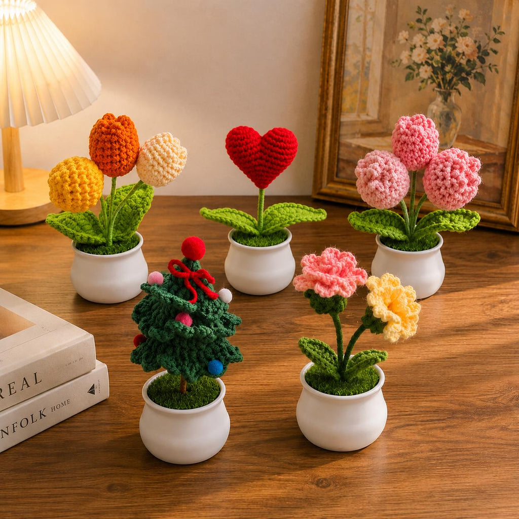 Handmade Crochet Potted Flowers, Tulips, Carnation, Heart, Christmas Tree Home Decor