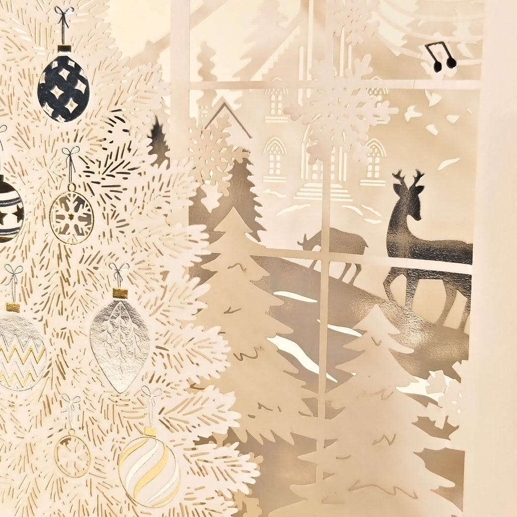 3D Christmas Card, Golden Winter Window: Layered Paper Tree with Separate Message Card