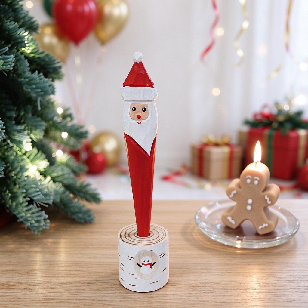 Hand Carved Wooden Christmas Pen Cute Santa Snowman Stationery Gift
