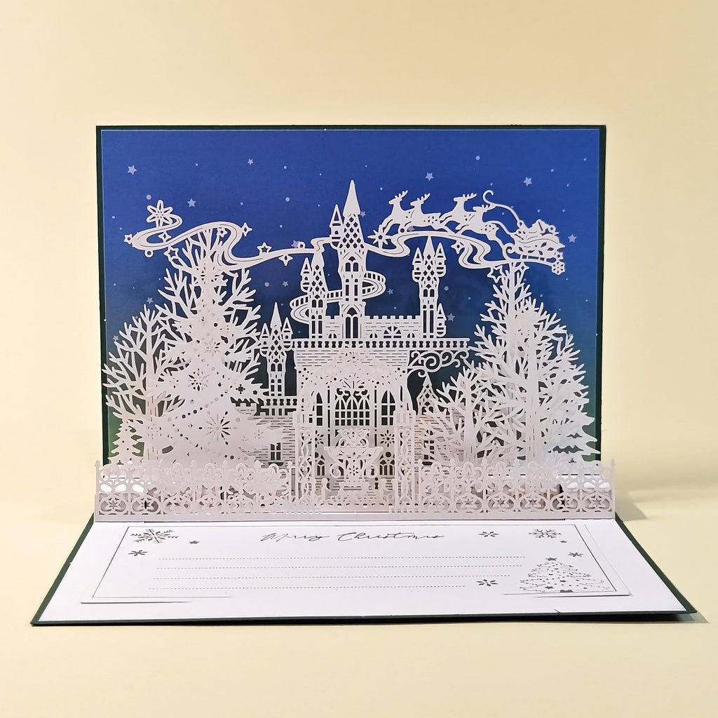 3D Pop Up Christmas Card, Enchanted Winter Castle with Santa Sleigh, Removable Message Insert