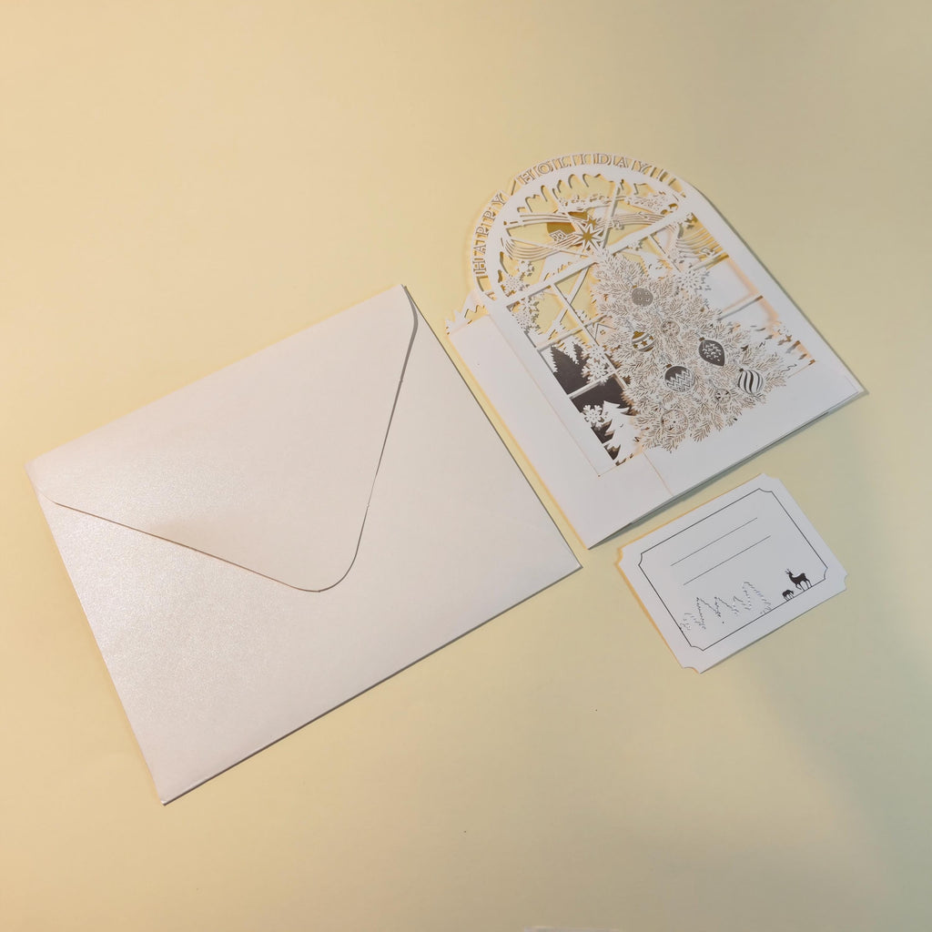 3D Christmas Card, Golden Winter Window: Layered Paper Tree with Separate Message Card
