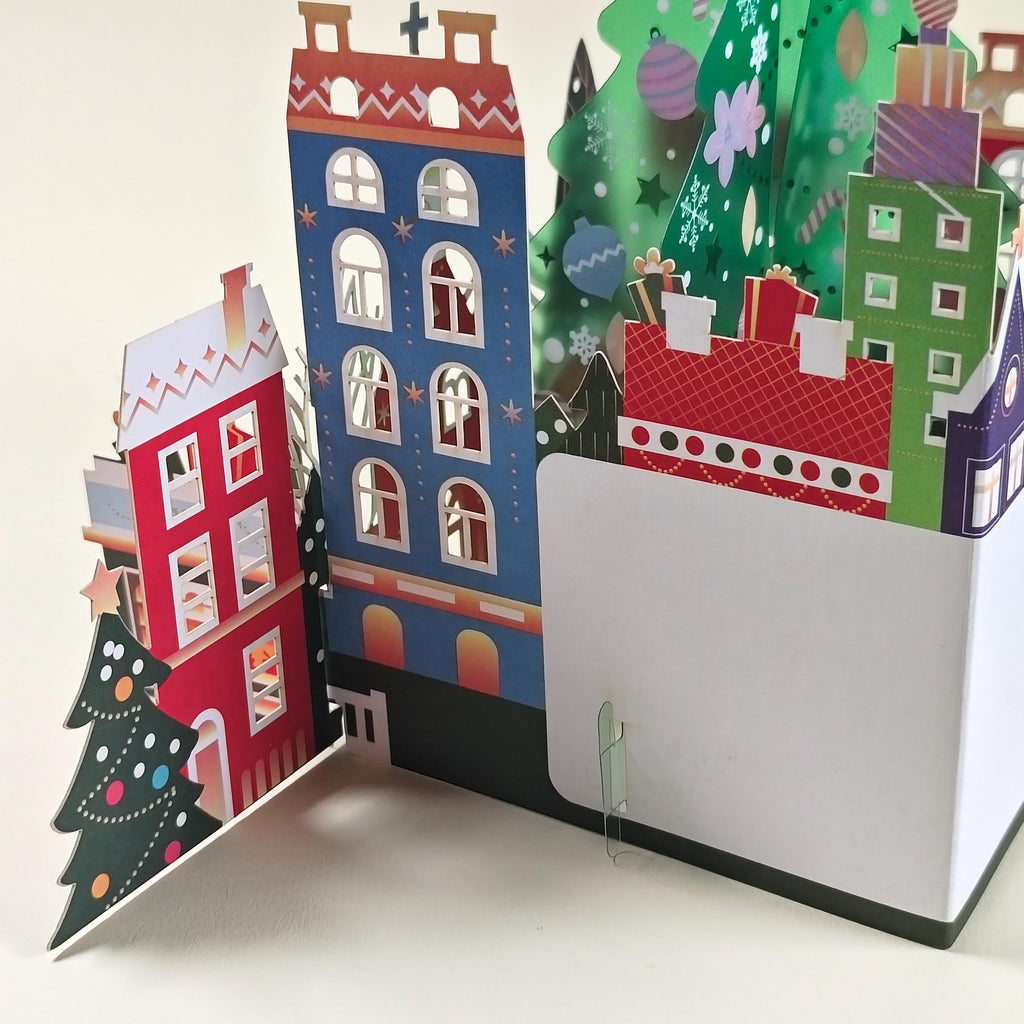 3D Christmas Village Pop Up Card with Festive Tree and Colourful Paper Houses