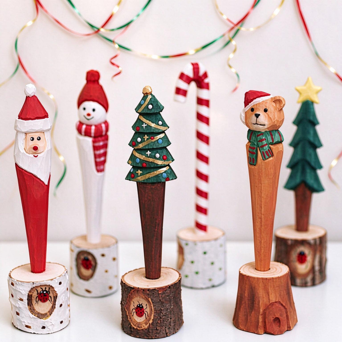Hand Carved Wooden Christmas Pen Cute Santa Snowman Stationery Gift