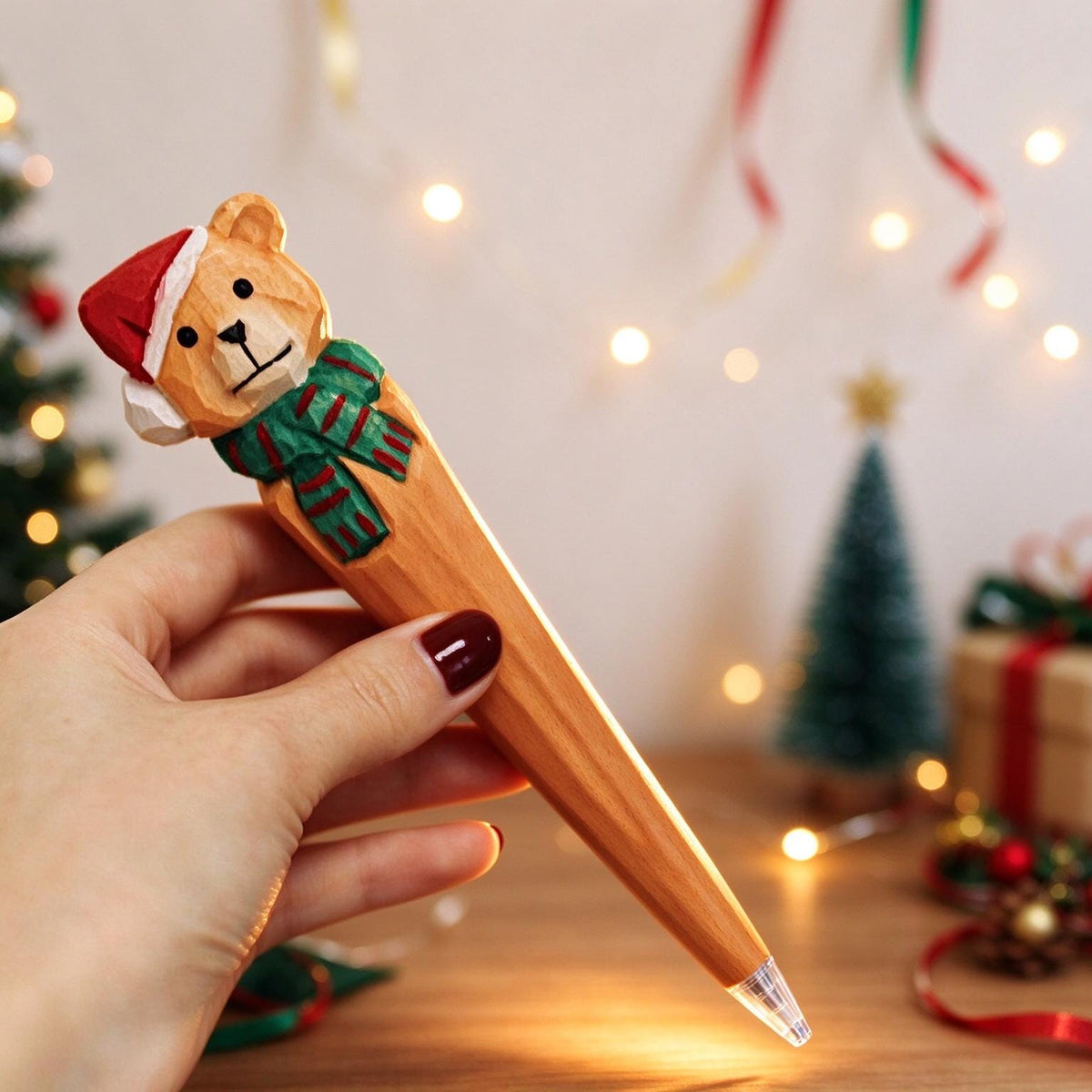 Hand Carved Wooden Christmas Pen Cute Santa Snowman Stationery Gift