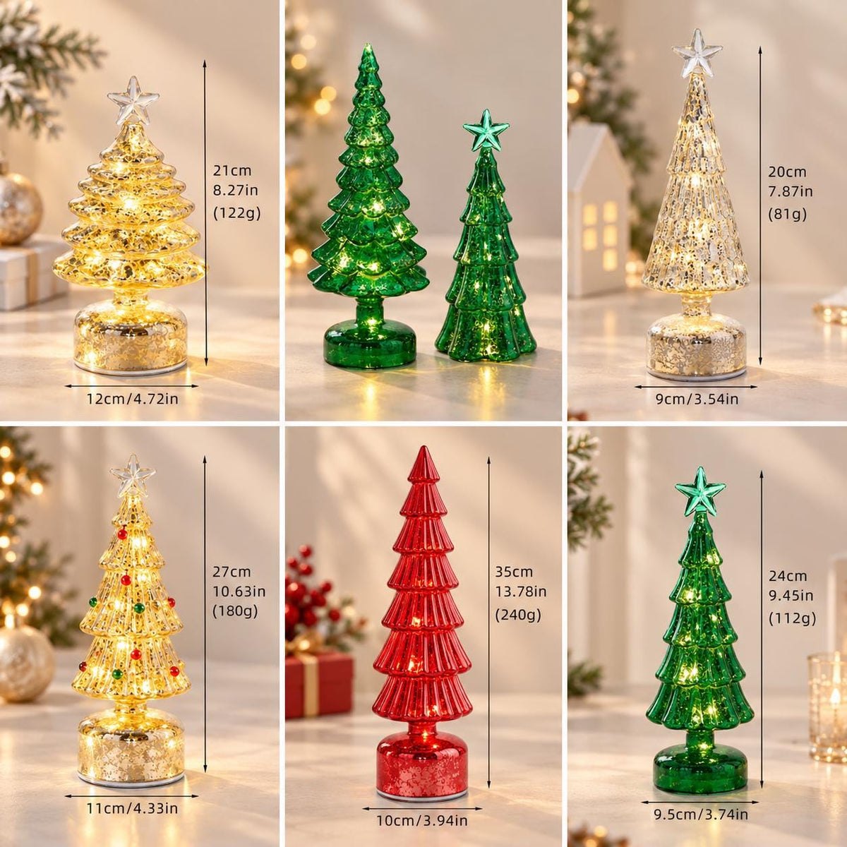 Light Up Glass Christmas Trees, LED Tabletop Christmas Decorations, Gold Red Green