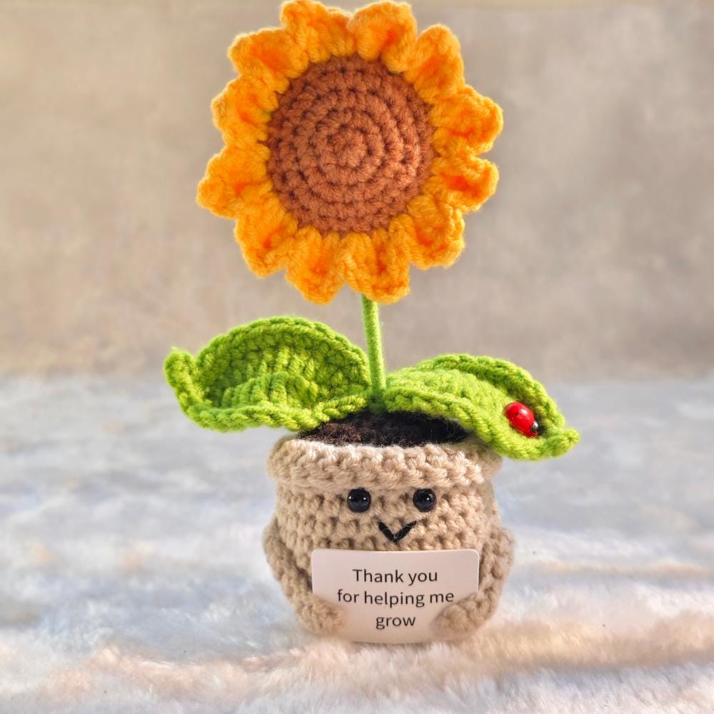 Handmade Crochet Emotional Support Plant: Knitted Flower with Encouraging Card (Desk Decor)