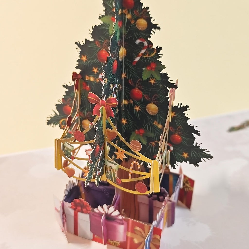 Pop Up Christmas Card, 3D Festive Tree with Presents, Holiday Greeting Surprise: Foldable, Wrapped Gifts, Star, Winter Patterns
