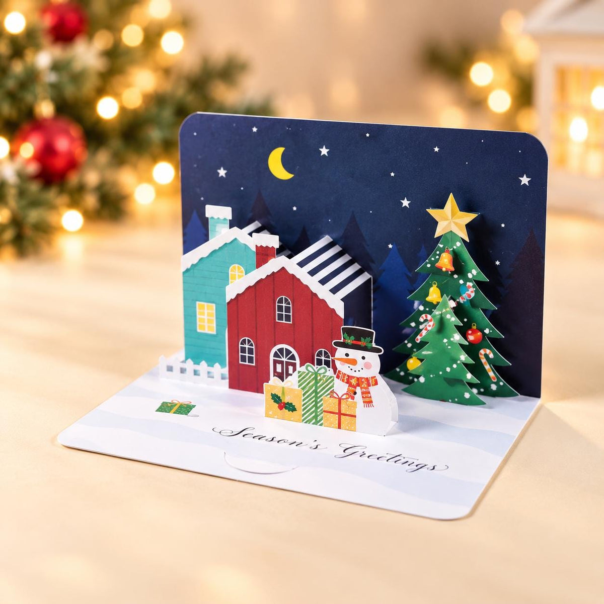 3D Pop Up Christmas Cards Set of 3, Festive Tree, Snowy Village and Presents