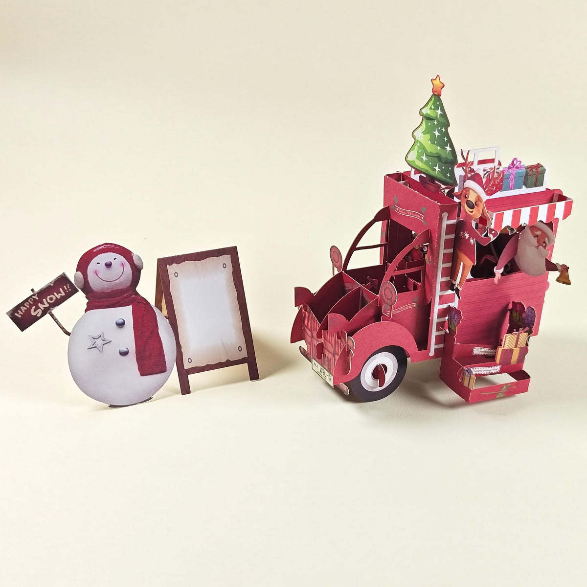 3D Christmas Truck Card with Santa, Reindeer, Snowman and Personal Message Board