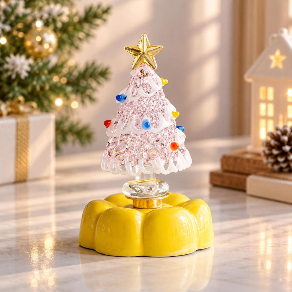 Handmade Rotating Glass Christmas Tree Gift for Holiday Desktop Tabletop Ornament