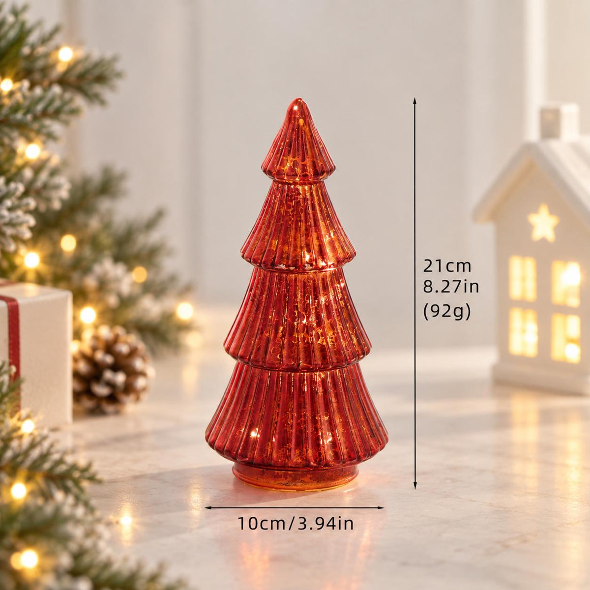Light Up Glass Christmas Trees, LED Tabletop Christmas Decorations, Gold Red Green
