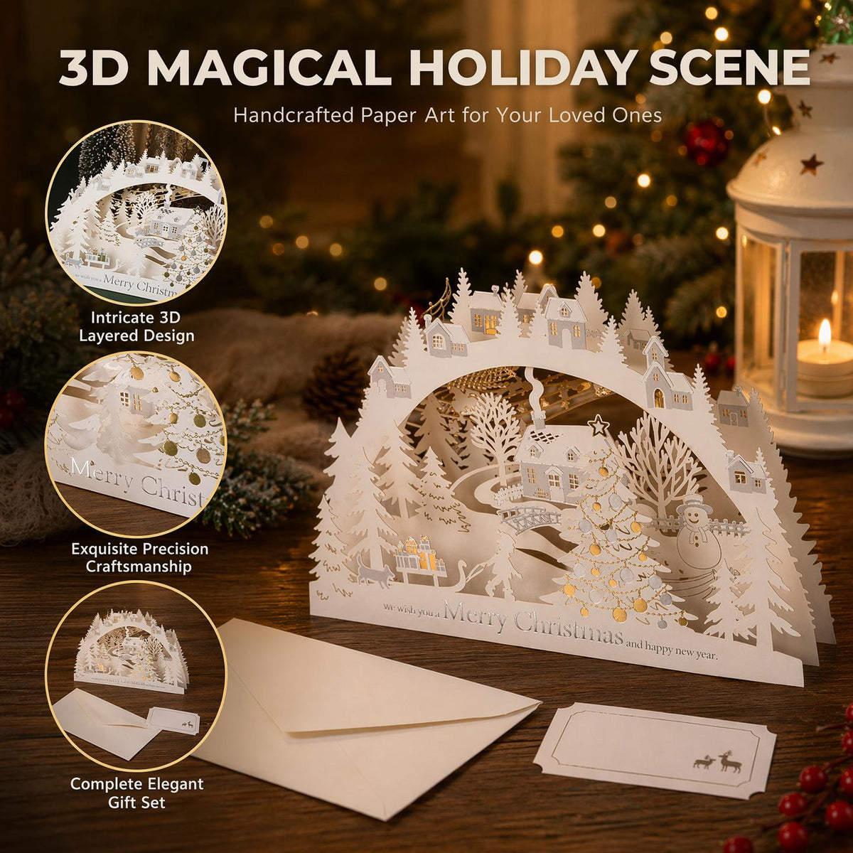 3D Christmas Village Pop Up Card, Winter Wonderland Paper Art Keepsake, Envelope & Message Card