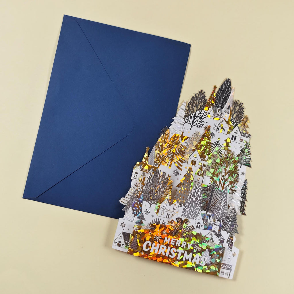 3D Christmas Village Pop Up Card, Gold Foil Winter Forest Scene, Festive Keepsake