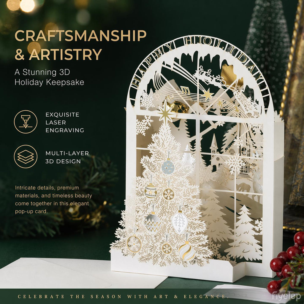 3D Christmas Pop Up Card, White Paper Cut Tree, Holiday Greeting (130mm x 190mm)