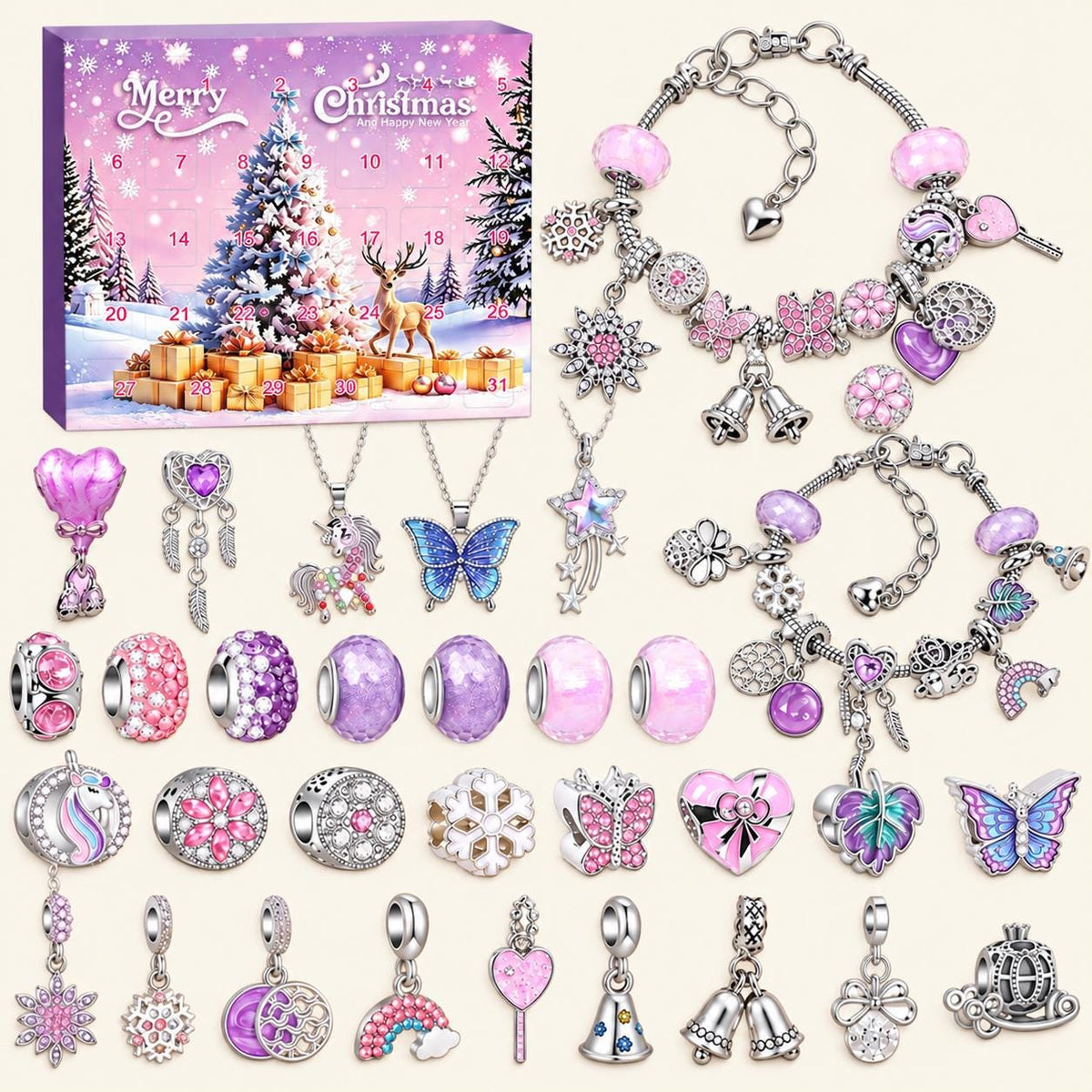 Christmas Charm Bracelet Making Kit, DIY Jewellery Advent Countdown Calendar with Beads and Pendants