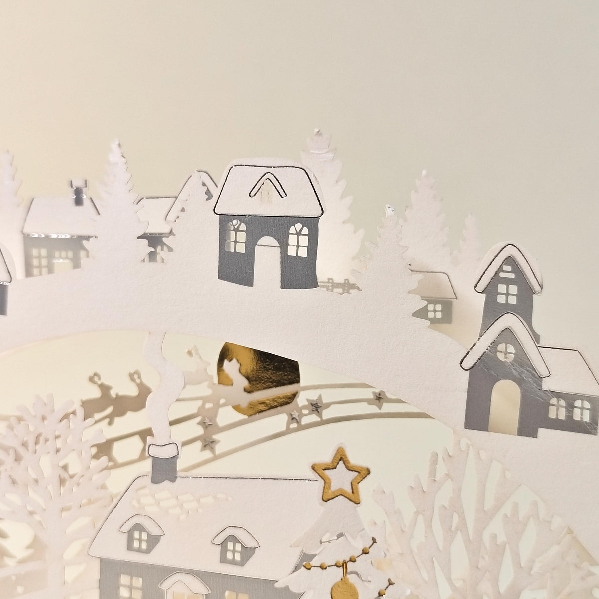3D Layered Paper Christmas Card, Snowy Village Scene, White and Gold