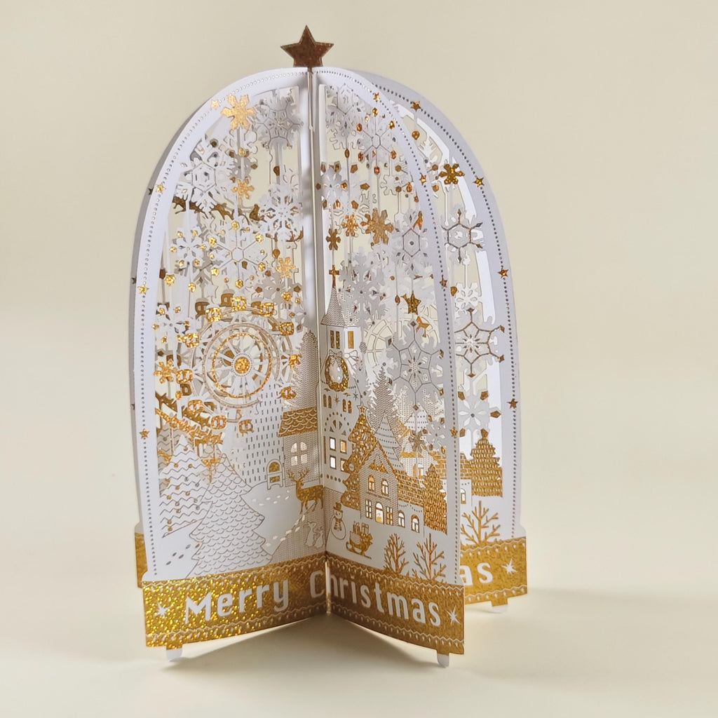 3D Christmas Village Pop Up Card, Gold Foil Snowflake Winter Wonderland Keepsake