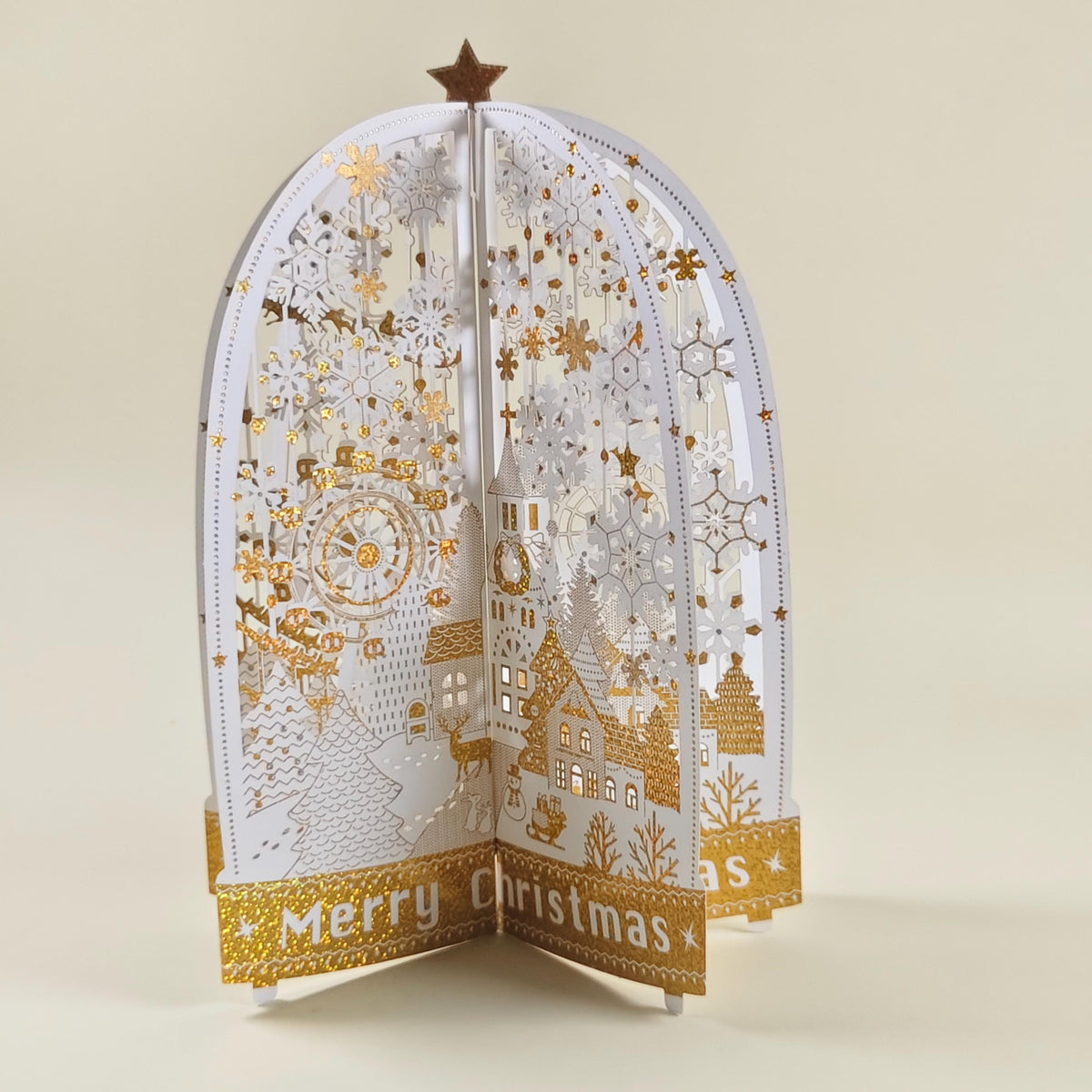 3D Christmas Village Pop Up Card, Gold Foil Snowflake Winter Wonderland Keepsake
