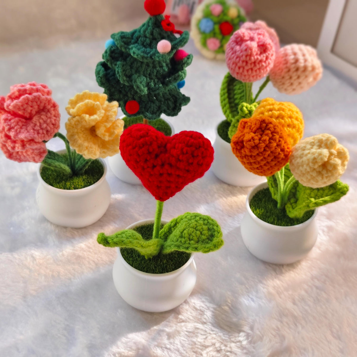 Handmade Crochet Potted Flowers, Tulips, Carnation, Heart, Christmas Tree Home Decor