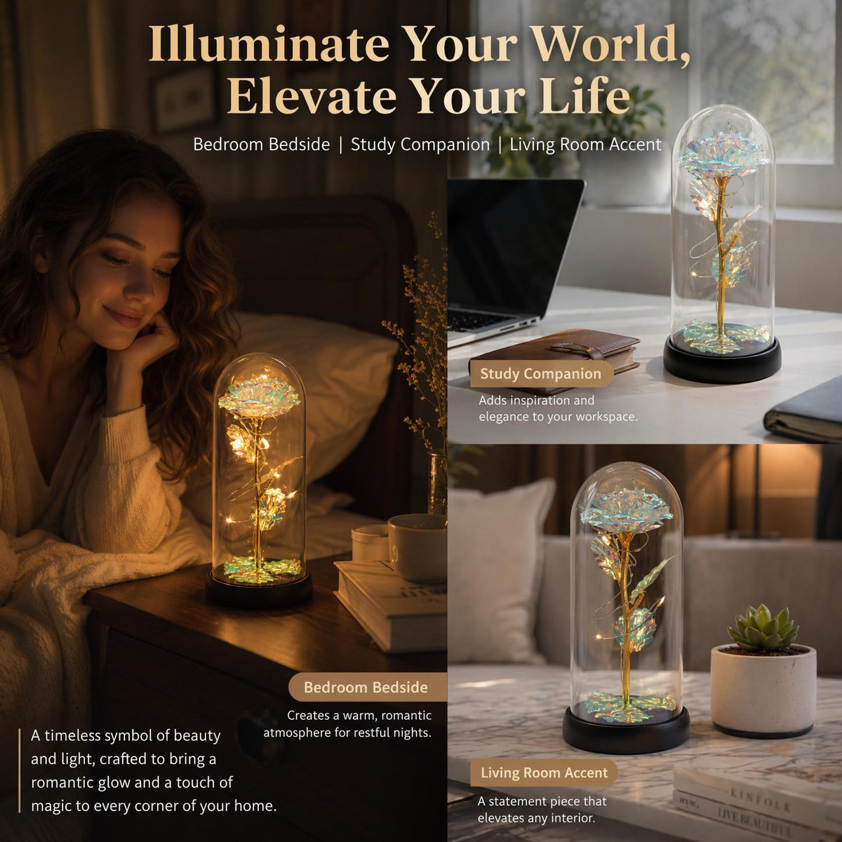 Acrylic Dome, LED Fairy Lights, Gold Metal Stem, Plastic Base, Battery Box