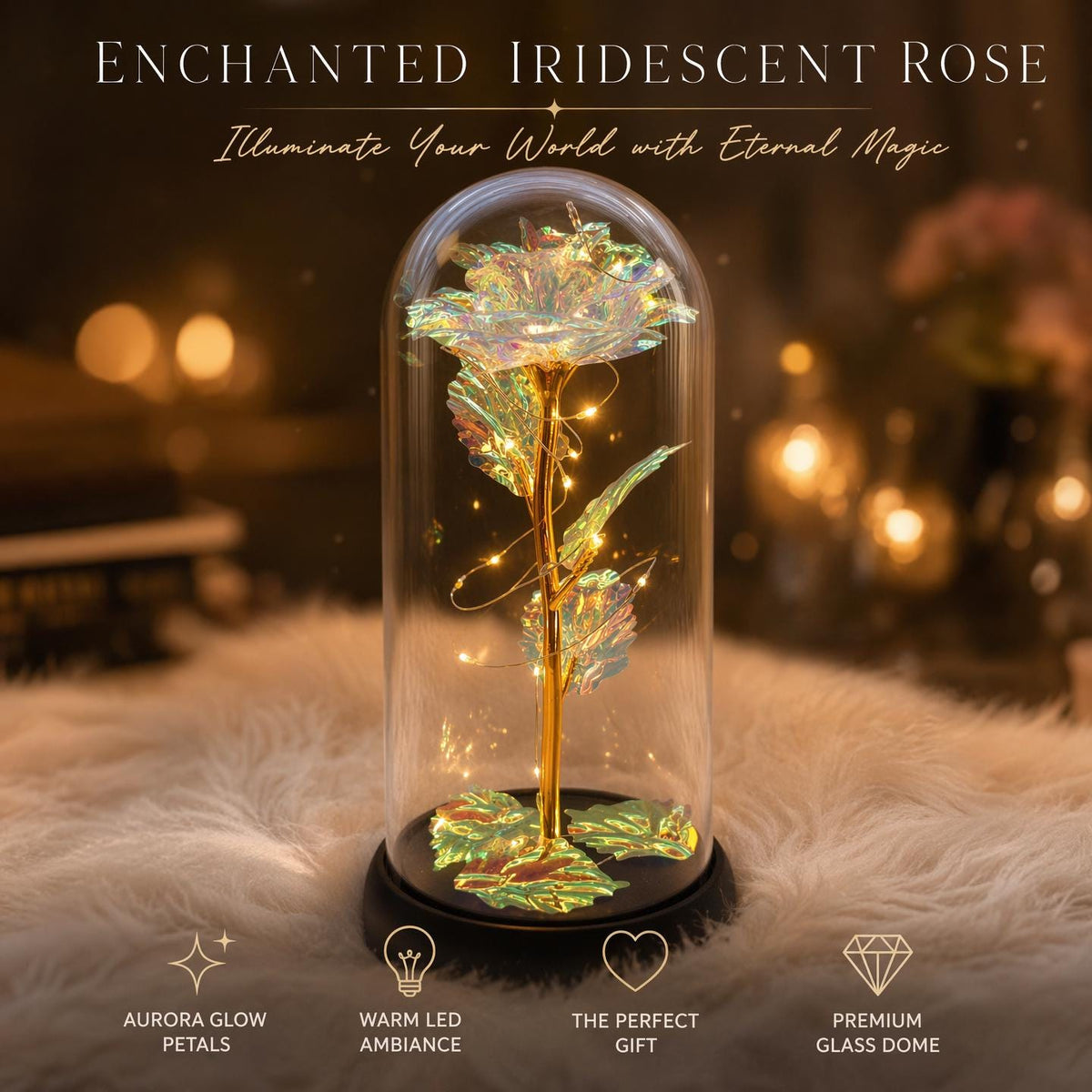 Acrylic Dome, LED Fairy Lights, Gold Metal Stem, Plastic Base, Battery Box