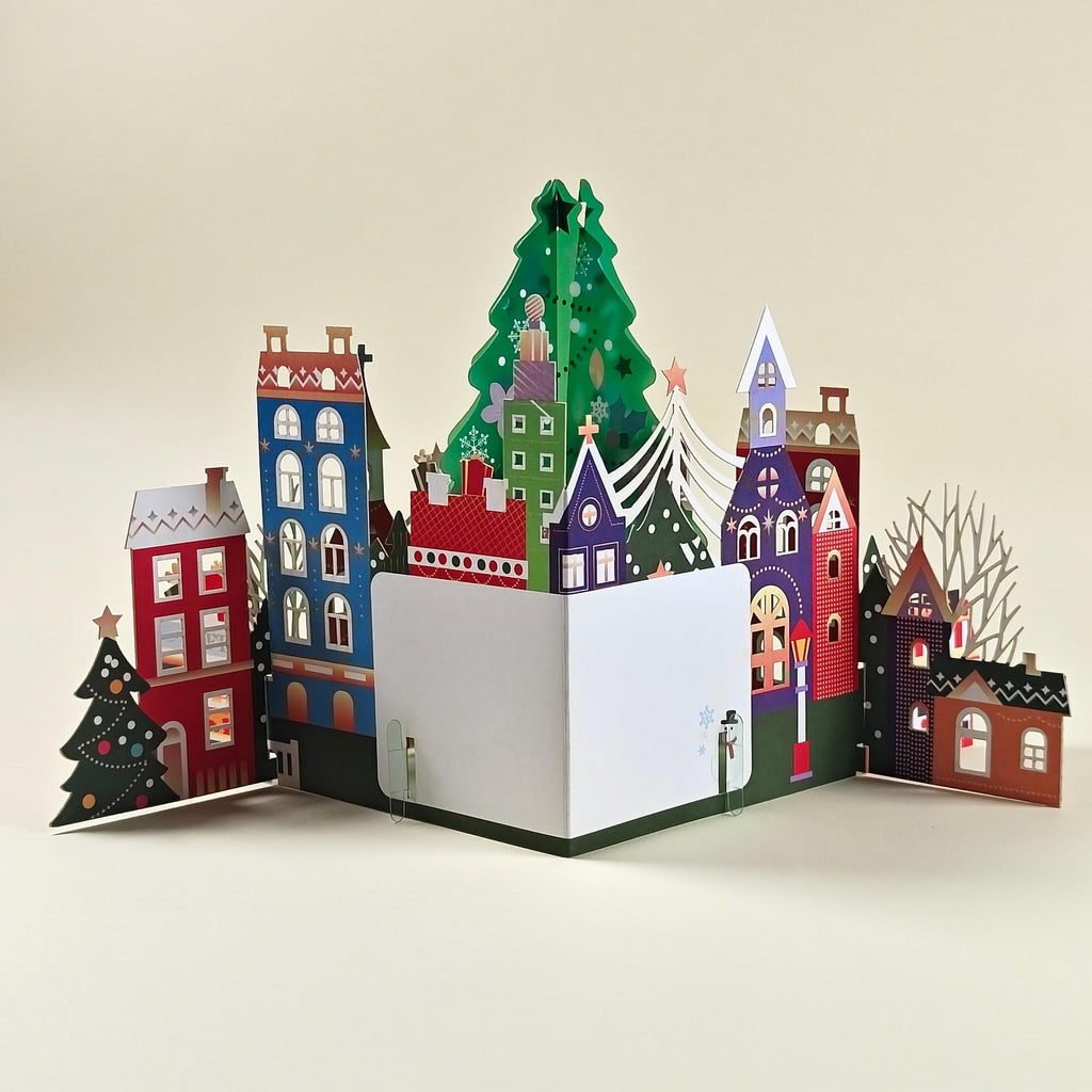 3D Christmas Village Pop Up Card with Festive Tree and Colourful Paper Houses