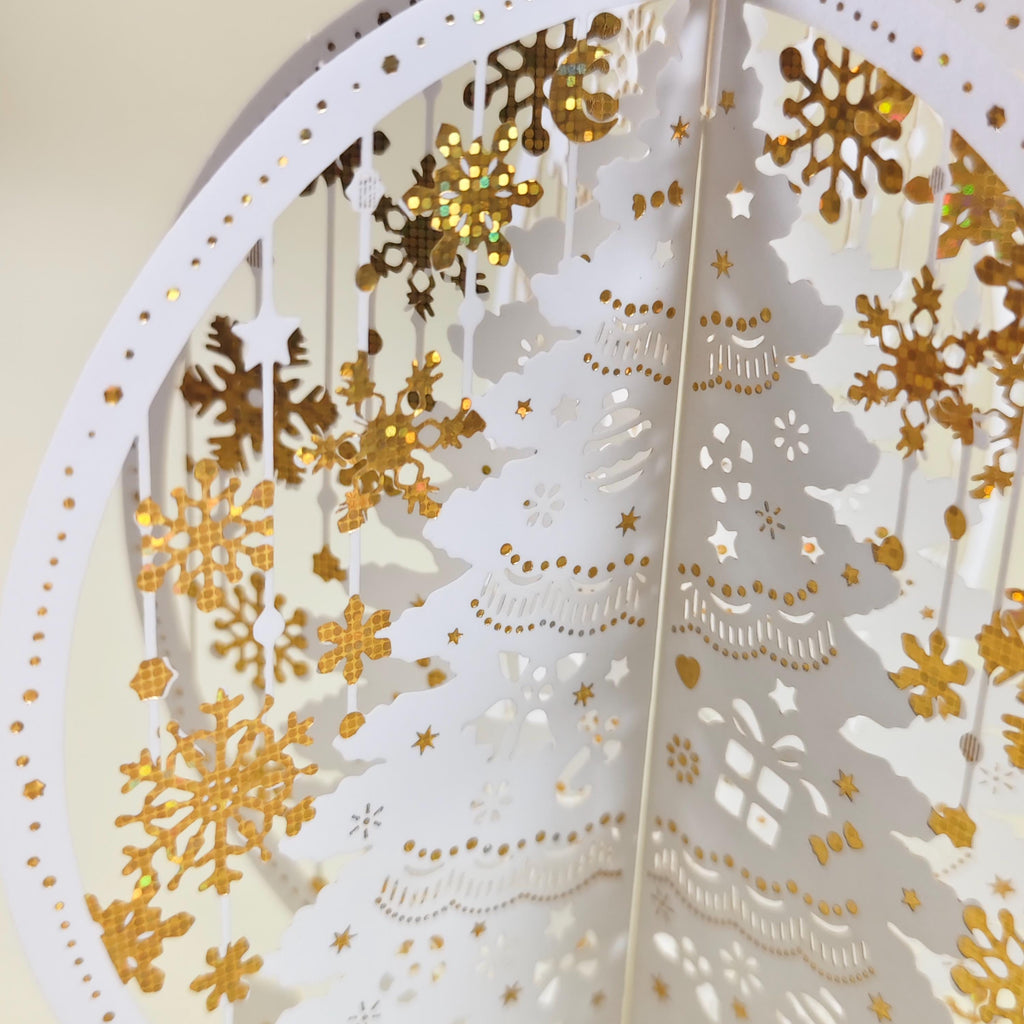 White Gold Snowflake Christmas Pop Up Card, 3D Paper Tree, Festive Keepsake Decoration