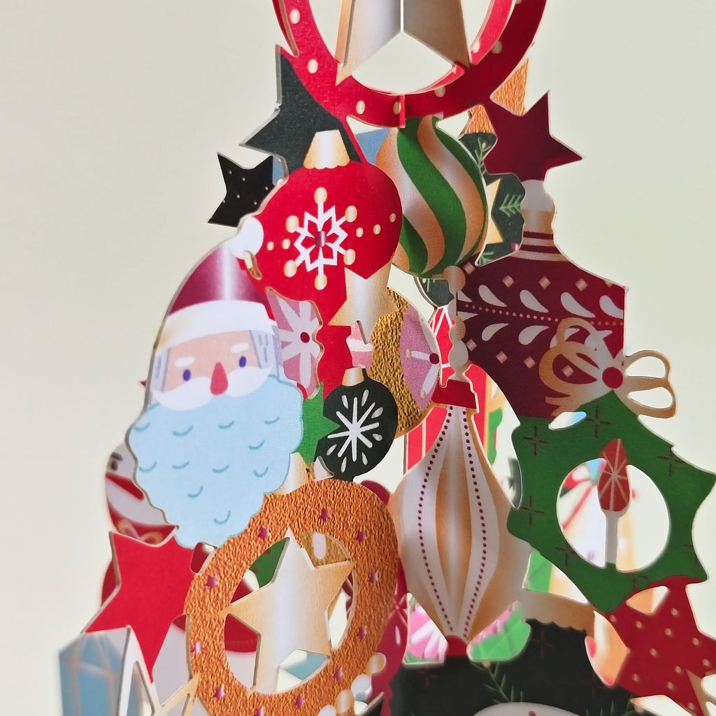 3D Christmas Tree Pop Up Card, Colourful Ornament Display, Festive Paper Greeting