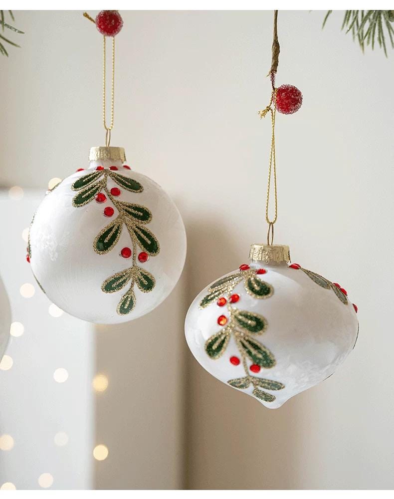White Glass Christmas Ornaments Set of 3, Glitter Botanical Baubles, Elegant Tree Decorations
