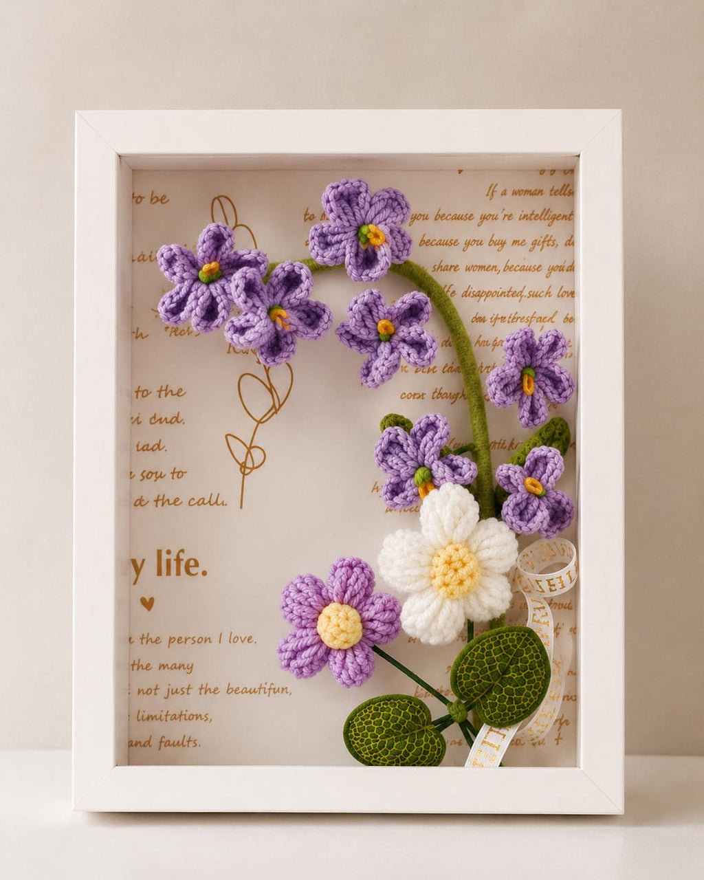 Handmade Crochet Forget Me Not Shadow Box Framed Floral Fiber Art Decoration