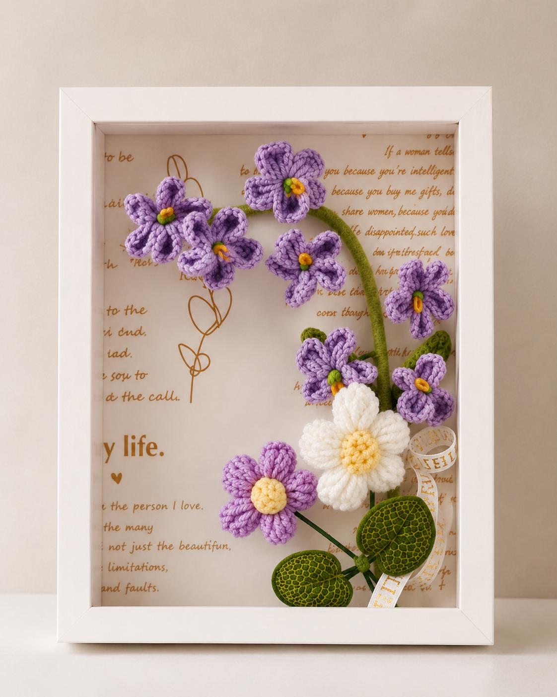Handmade Crochet Forget Me Not Shadow Box Framed Floral Fiber Art Decoration